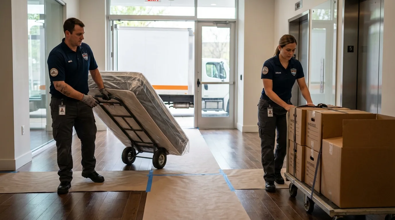 Professional apartment movers loading elevator in Culver City, CA